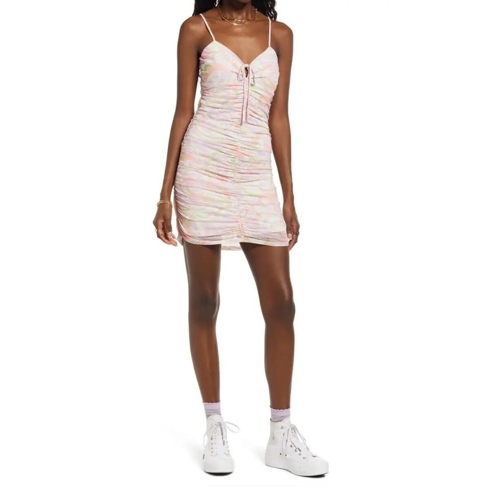 Pastel Floral Tie Front Mini Dress Ruched Slip Dress V-Neck Size Medium